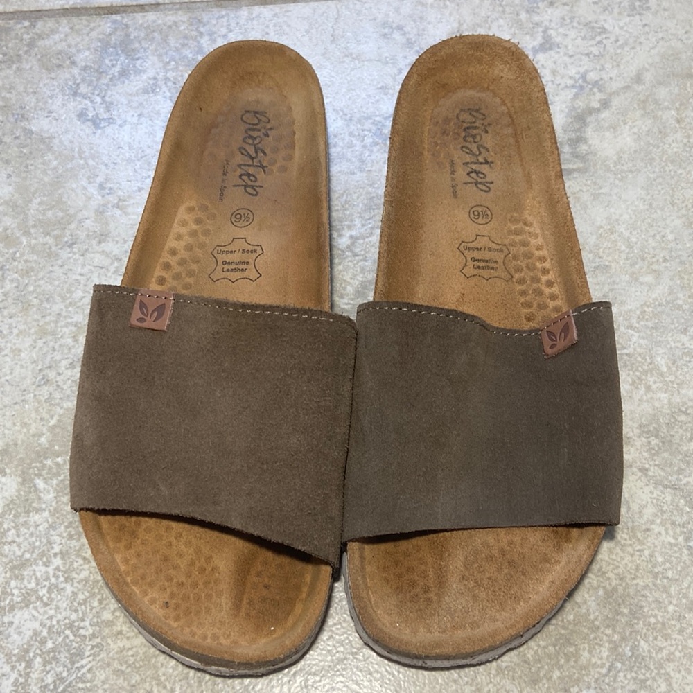 Biostep Suede Brown Leather Cork Footbed Slides Gem